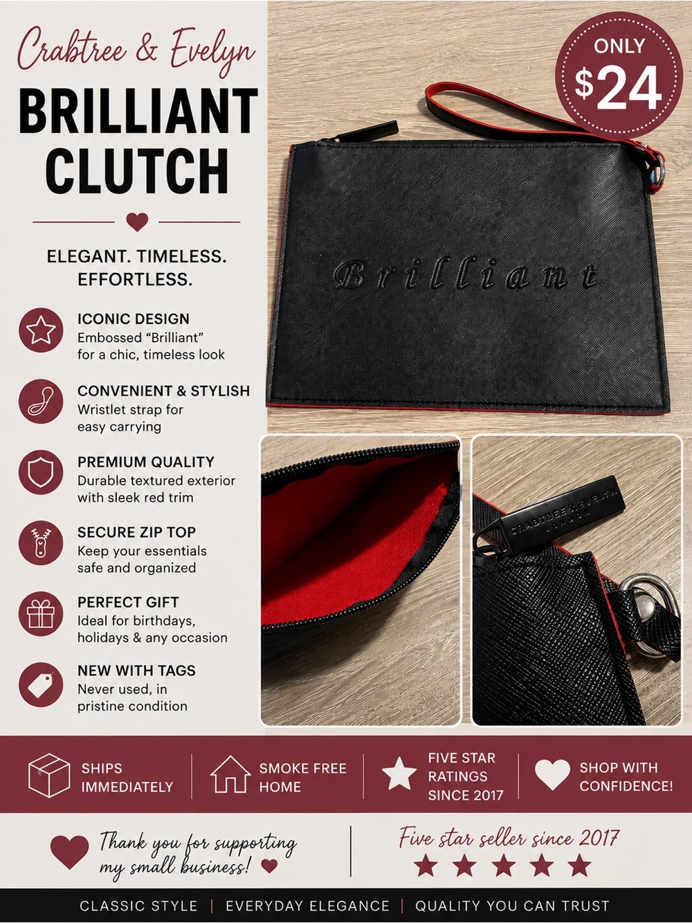 Crabtree & Evelyn Brilliant Black Wristlet Clutch | NWT | Red Interior